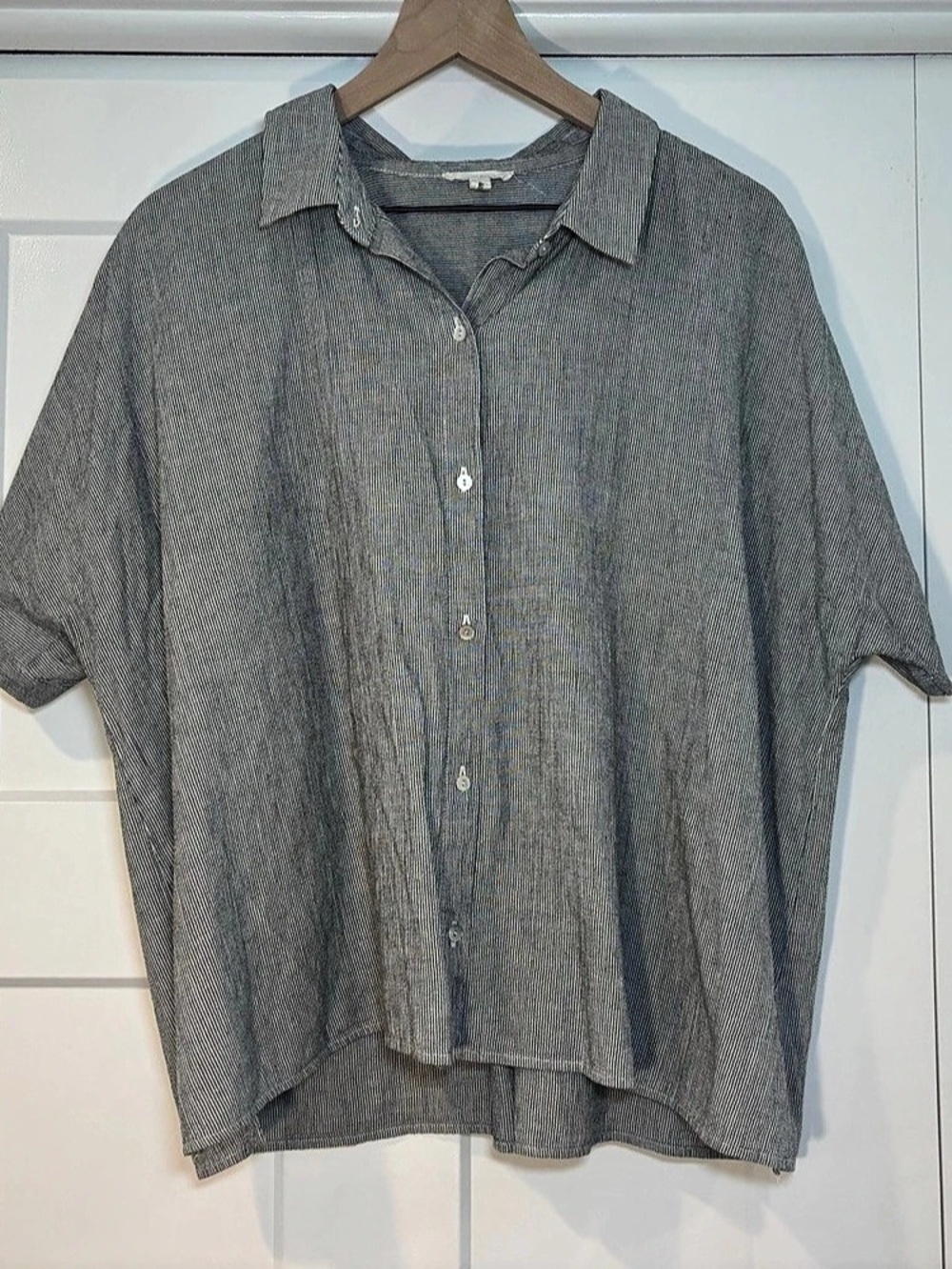 Eileen Fisher Organic Cotton Linen Ticking Stripe Shirt, XL